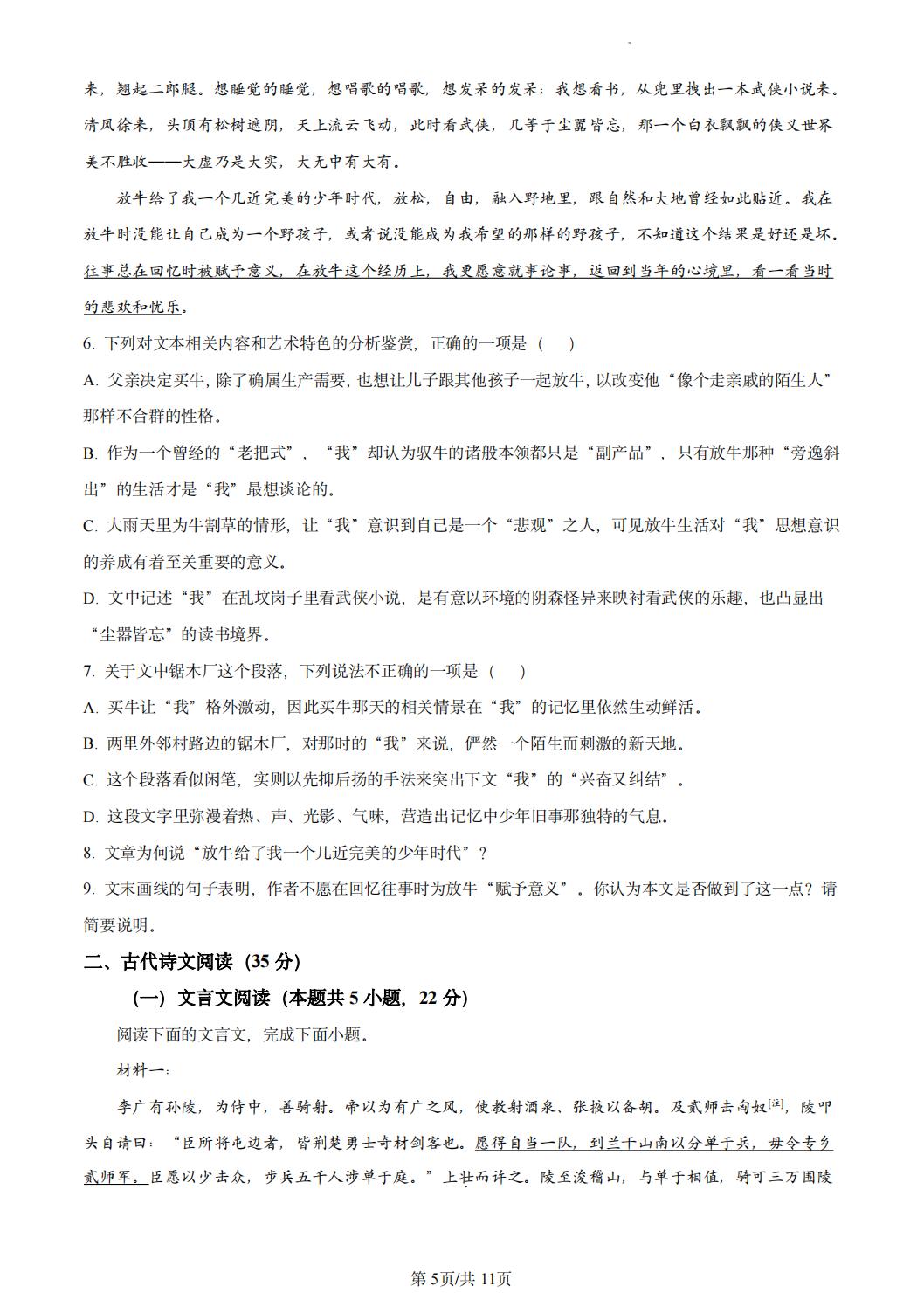2024年新高考一卷语文真题及答案解析（含作文）
