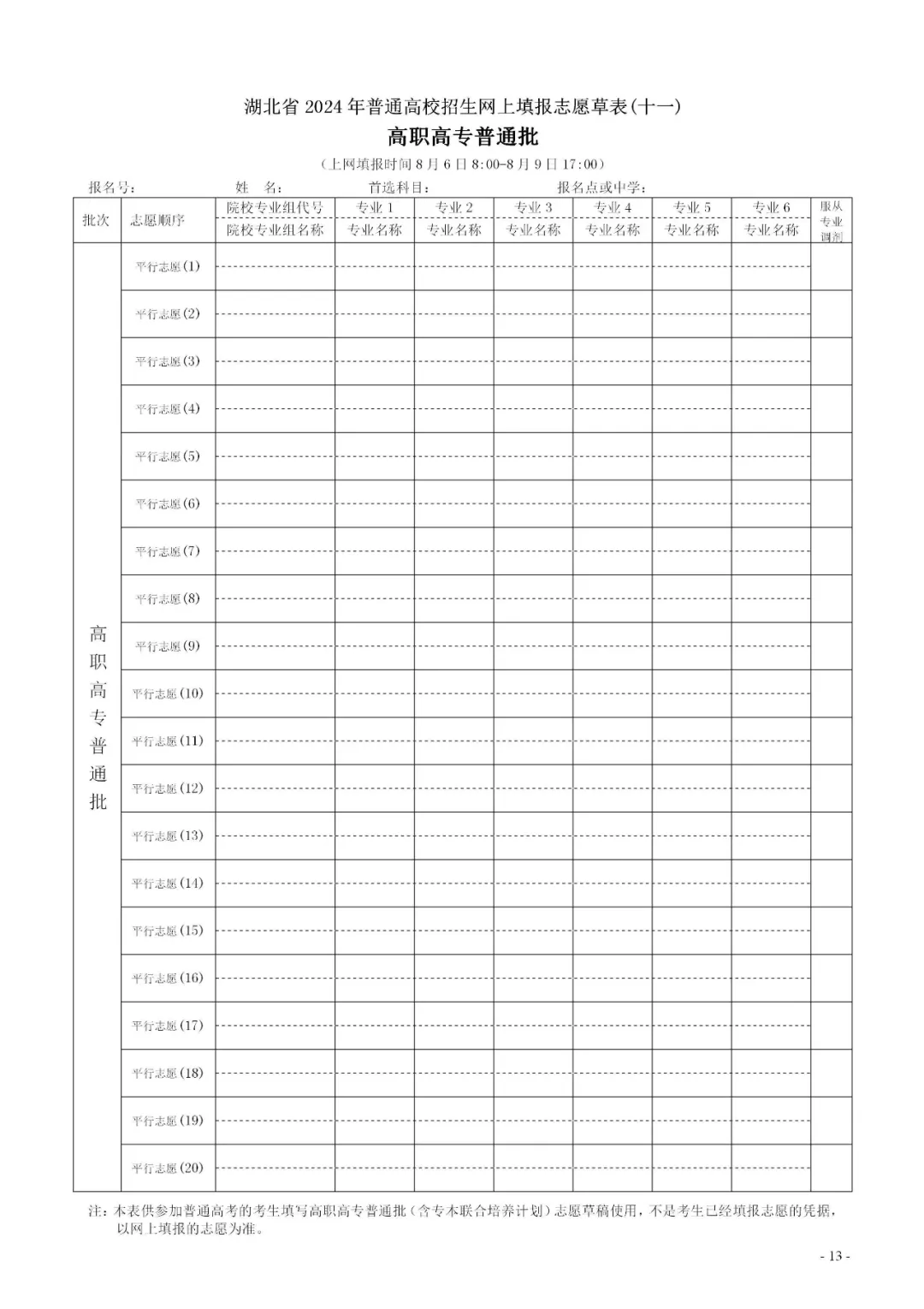2024年湖北高考志愿表填写样本(附填报时间和入口)
