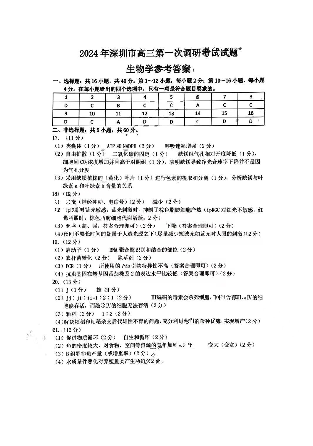 2024年深圳一模各科试卷及参考答案解析（已更新）