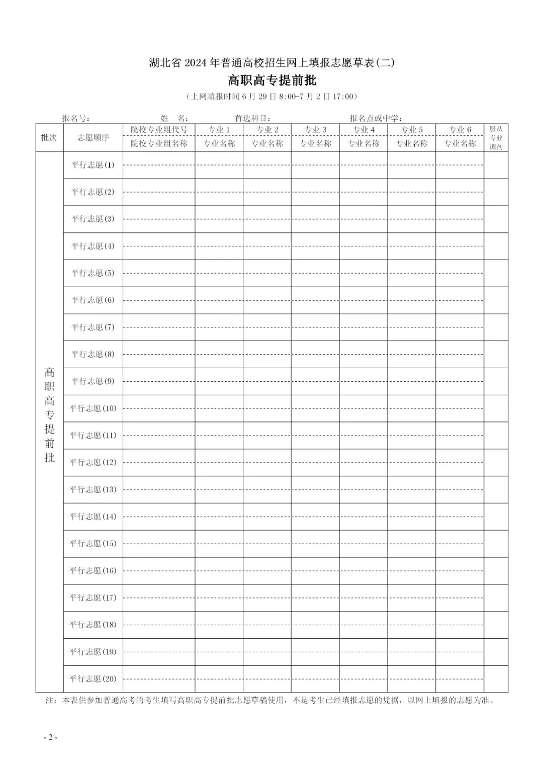 2024年湖北高考志愿表填写样本(附填报时间和入口)