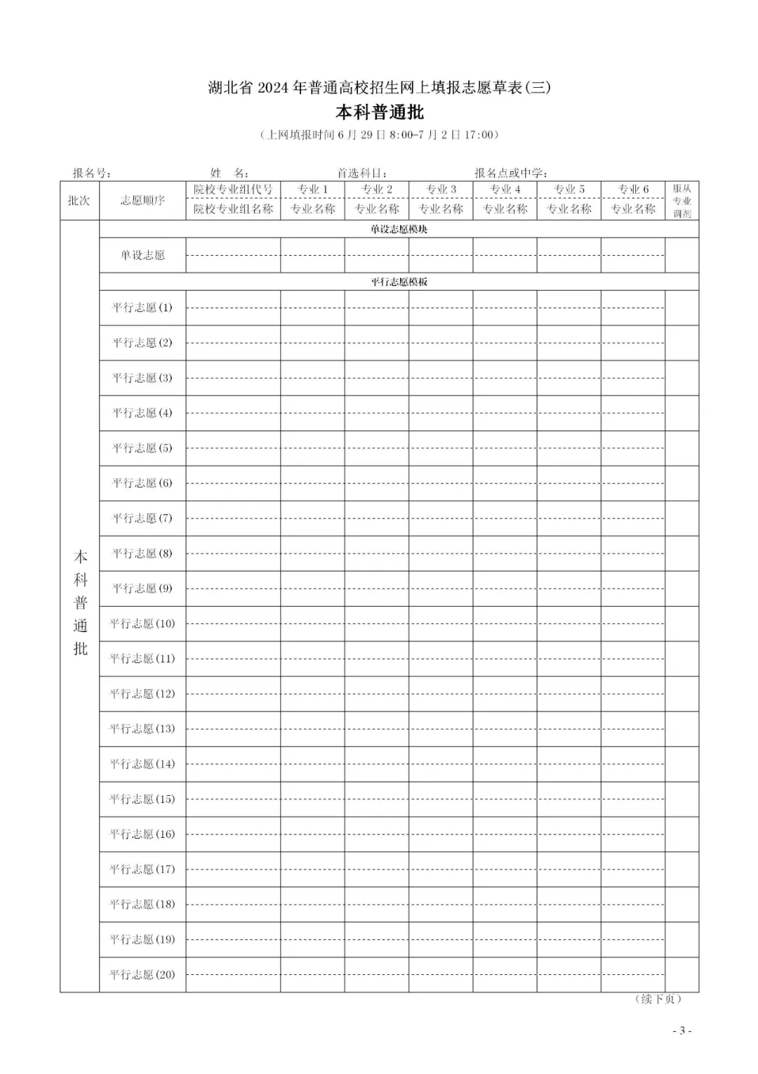 2024年湖北高考志愿表填写样本(附填报时间和入口)