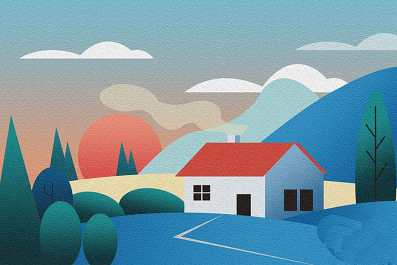 PS怎么手绘落日炊烟商业插画? PS山村风景矢量图的画法
