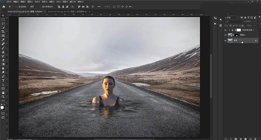 PS合成超逼真的在公路上游泳的美女