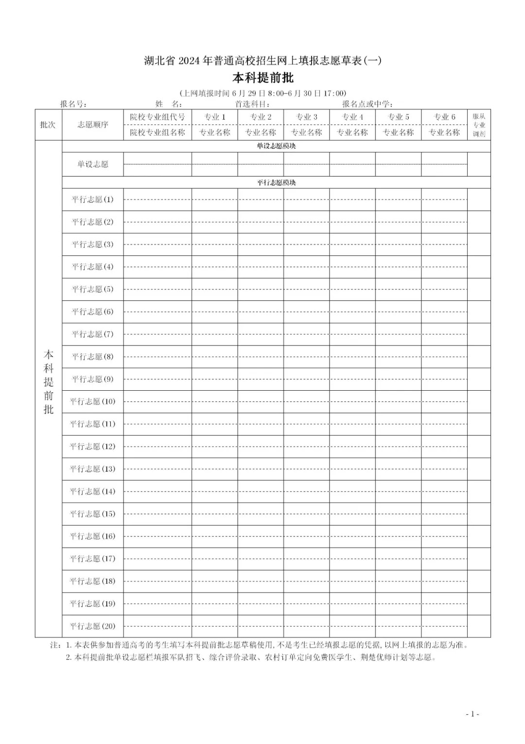 2024年湖北高考志愿表填写样本(附填报时间和入口)