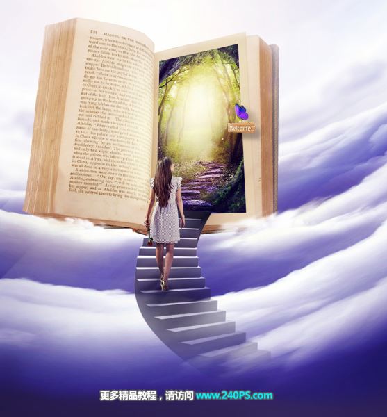 如何使用Photoshop制作从云梯走进书本中的奇幻森林场景