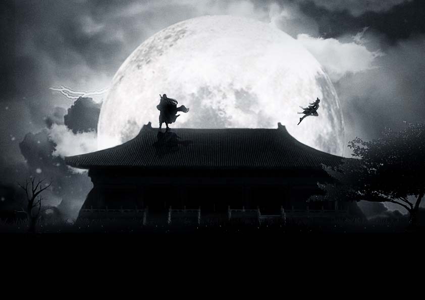 用PS合成月色下的古装武侠切磋剪影效果场景教程