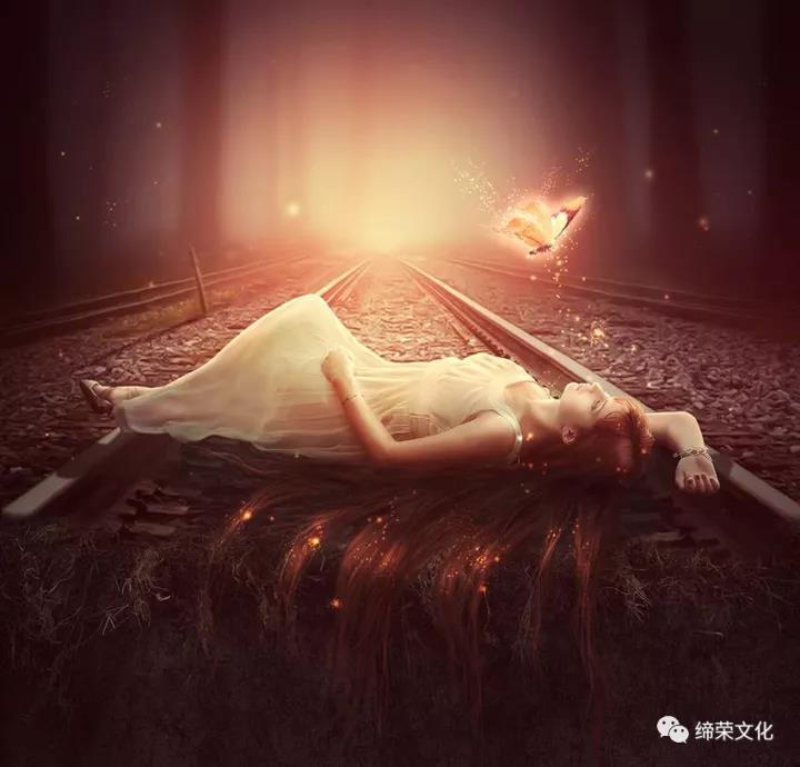 ps怎样合成一张熟睡在铁轨上穿着婚纱的长发美女图片?
