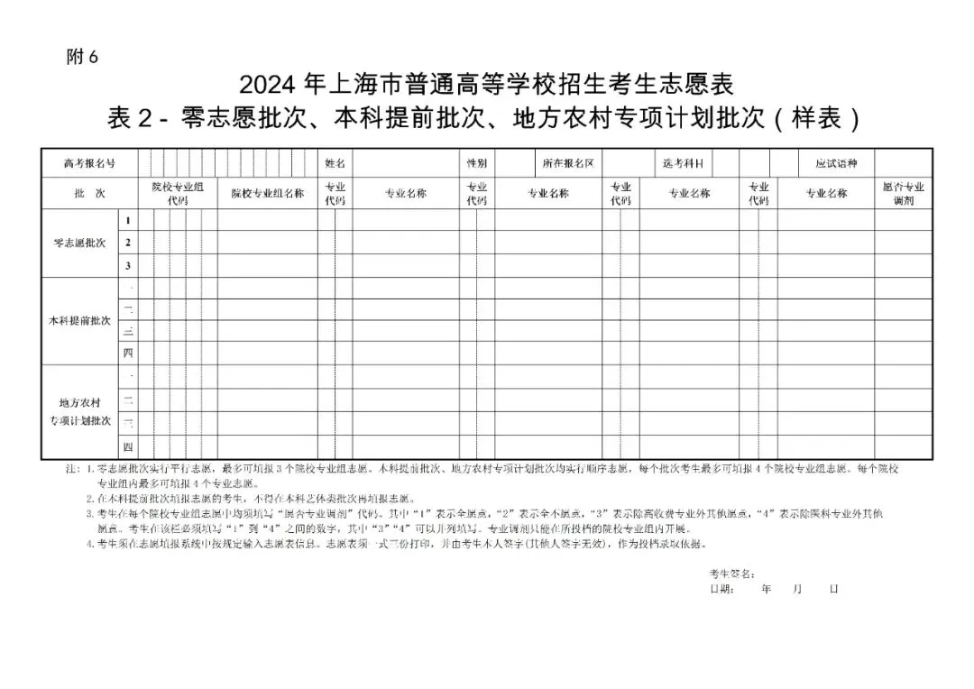 024年上海高考志愿表填写样本(附填报时间和入口)