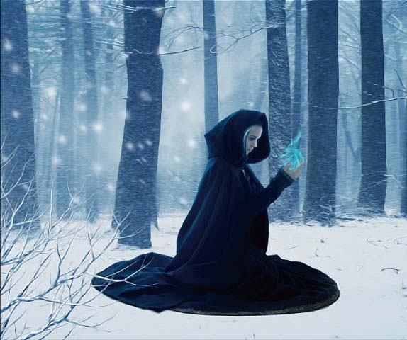 PS合成雪林中施法蓝色火焰的女魔法师教程